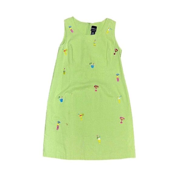 Vintage LIME Green ERIKA Petite Dress Embroidered Beach Umbrella Drinks Size 10 - Picture 1 of 4